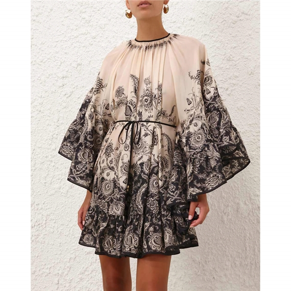 Zimmermann Rhiannon Lantern Mini Kjole, Cream Black Floral